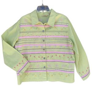 Bechamel Embroidered Women’s Large Denim Jacket Long Sleeve Floral Green Buttons